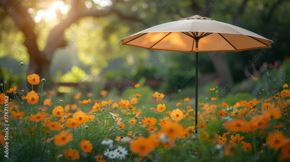 an umbrella sitting in the middle of a field of orange and white flowers with the sun shining through the trees in the background.