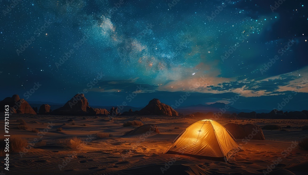 Desert Travel, Inspire wanderlust with images of travelers exploring remote desert landscapes, camping under the stars, and experiencing the solitude of the desert - obrazy, fototapety, plakaty 