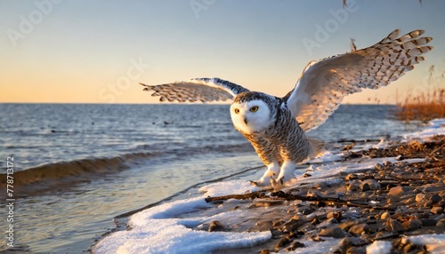 the snowy owl bubo scandiacus also known as the polar owl the white owl and the arctic owl on the shore lake michigan in winter during migration from the north photo