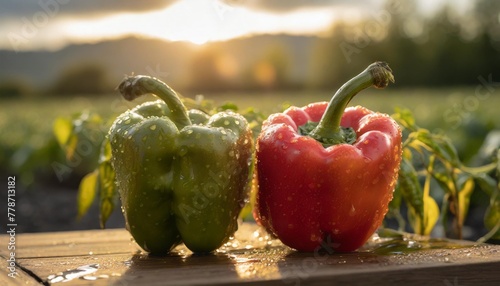 fresh green and red peppers with waterdrops photo