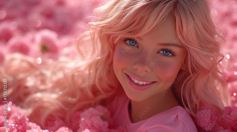 a close up of a person laying in a field of flowers with a smile on their face and blue eyes.