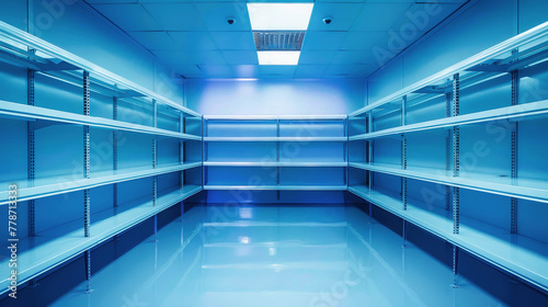 A long row of empty shelves stretches across a serene blue room, awaiting the return of frozen treasures to fill the void
