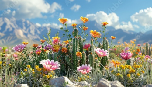 Desert Flora, Showcase the diversity of plant life in the desert, from resilient cacti to colorful wildflowers that bloom after rare rainfall events