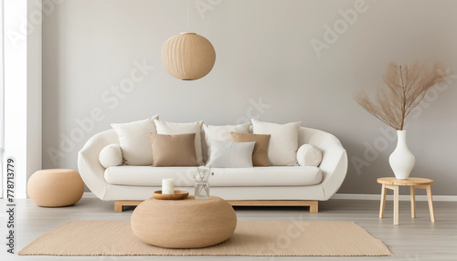 Modern home interior design with white sofa coffee table carpet and accessories in neutral colors