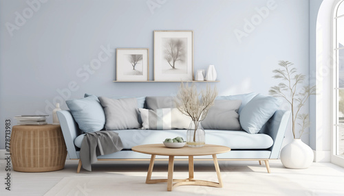 A stylish living room with a blue sofa coffee table and decorative accessories