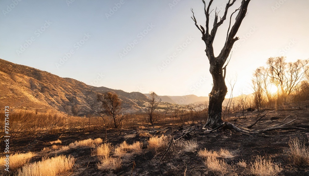 devastated scorched earth in the valley burnt trees burnt vegetation and grass dead landscape with the remains of large tree intense atmosphere burned charred fire - obrazy, fototapety, plakaty 