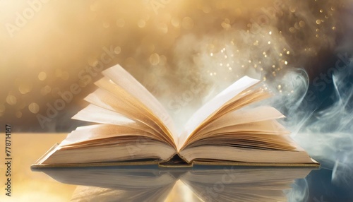 banner with open book on a reflective surface with magical smoke swirling around and with space for text illustrating concepts of storytelling writing reading or education