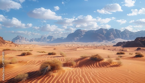 Desert Landscape, Wide-angle shots capturing the vastness and solitude of the desert, with sweeping vistas of sand dunes, rocky outcrops, and distant mountains