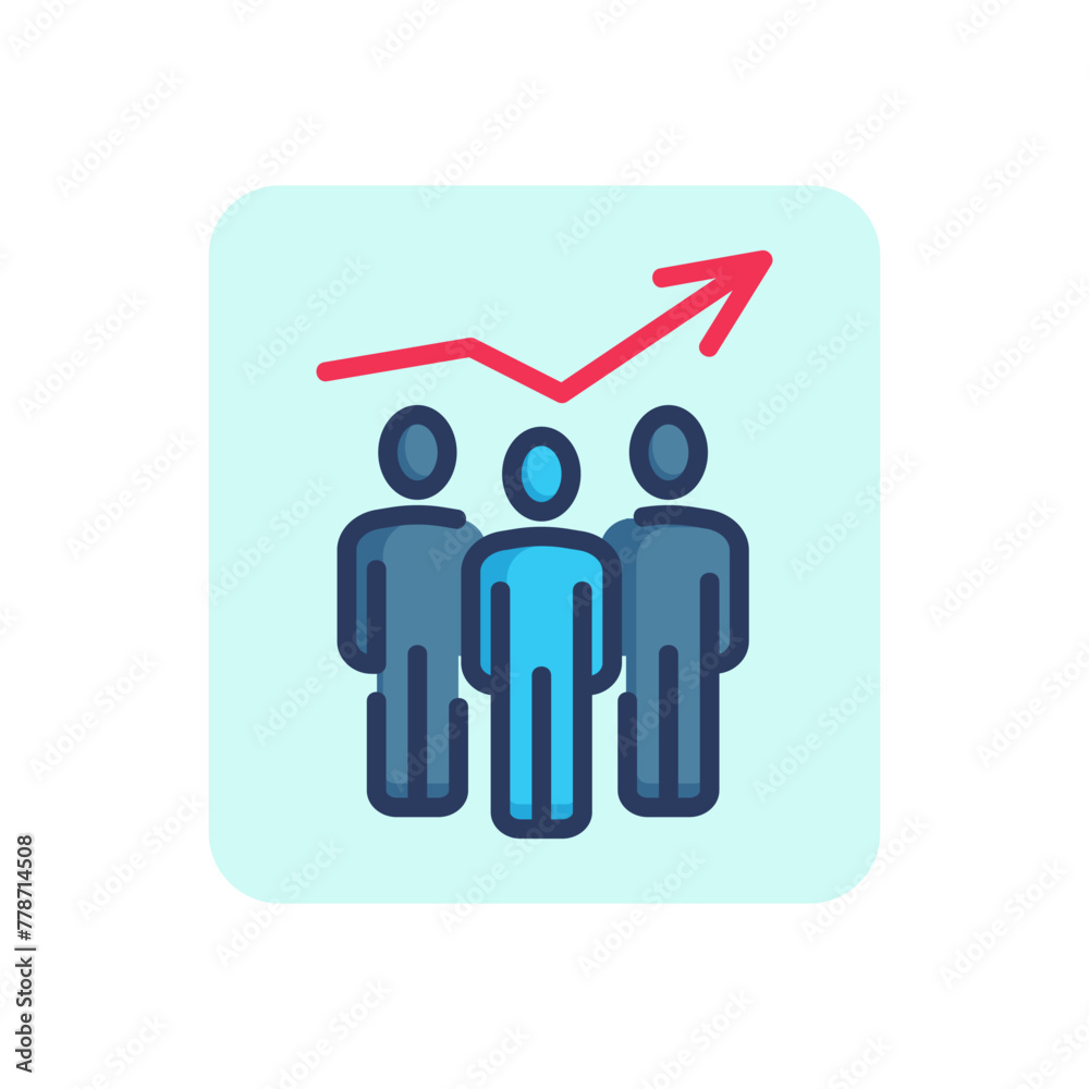 Three workers and growing arrow thin line icon. Cooperation, team, professional outline sign. Business communication concept. Vector illustration for web design and apps Three workers and growing arrow thin line icon. Cooperation, team, professional outline sign. Business communication concept. Vector illustration for web design and apps