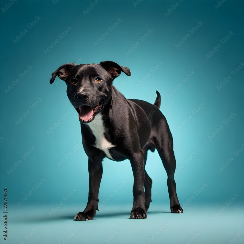 Photo of happy black pitbull standing on blue background, professional photography, studio light