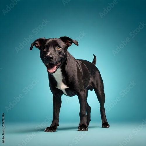 Photo of happy black pitbull standing on blue background, professional photography, studio light