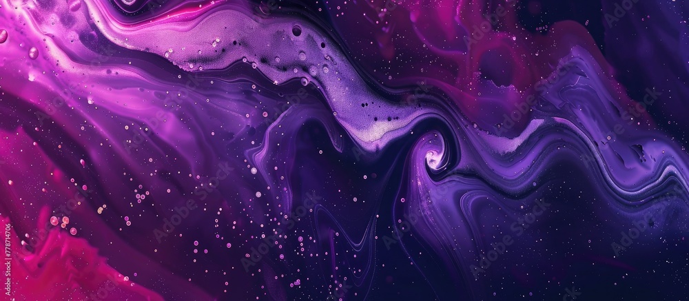 A close up of a painting with swirling patterns of purple, violet, magenta, and electric blue resembling a marble texture. The colors blend into darkness creating a sense of space and science