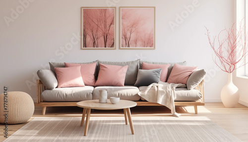 Modern living room interior with stylish furniture and pink accents 3d render photo