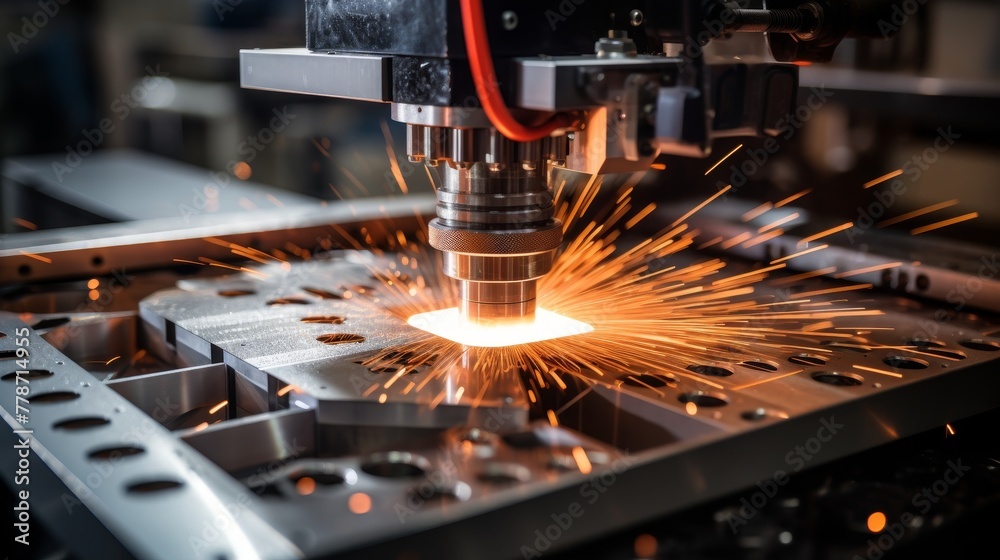 Sparks fly as a CNC milling machine shapes a metal plate in a factory setting Sparks fly as a CNC milling machine shapes a metal plate in a factory setting