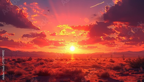 Desert Sunset, Vibrant hues of orange and pink painting the sky as the sun dips below the horizon, casting a warm glow over the arid landscape