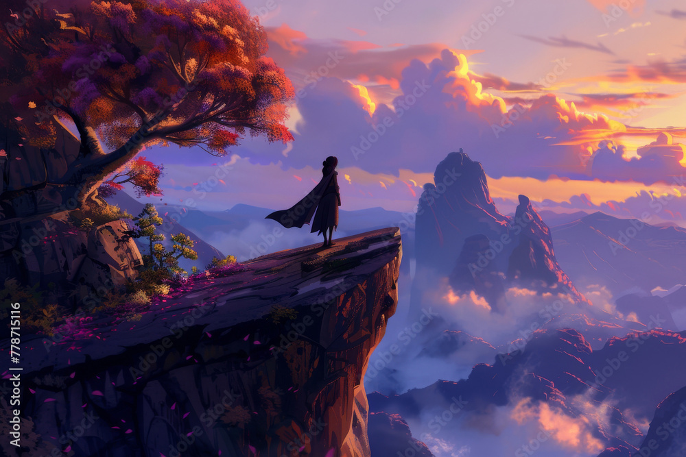 © Saranpong - Majestic Sunset Sky with Solitary Figure on Cliff Edge Overlooking Mountainous Landscape
