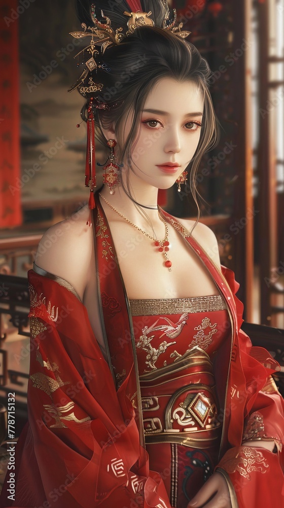 Obraz premium Elegant Chinese Woman in Traditional Red Dress and Intricate Headdress against a Vintage Interior