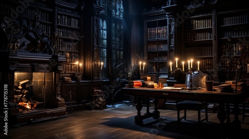 Spooky library with ghostly atmosphere and mysterious shadows lurking around shelves