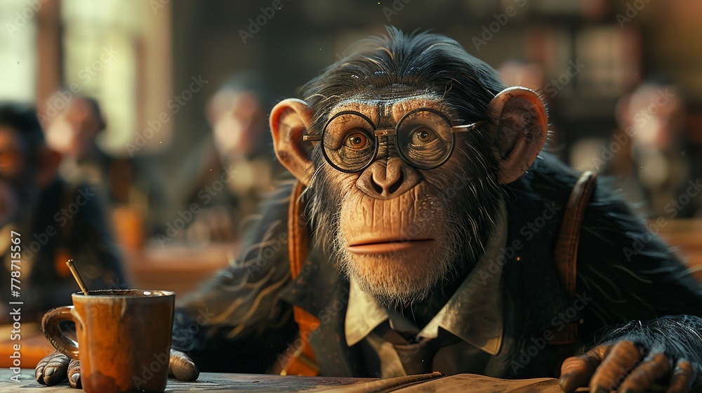 A charming monkey character exuding the wisdom of a teacher, depicted in immersive 3D animation with mint highlights and a lively, expressive personality
