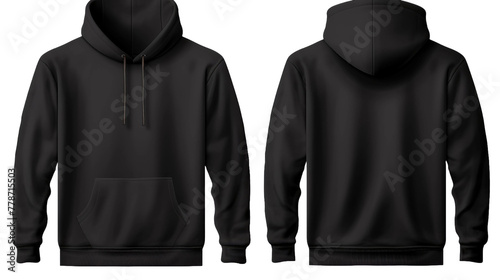 Set of Black front and back view tee hoodie hoody sweatshirt on transparent background. Mockup template for artwork graphic design