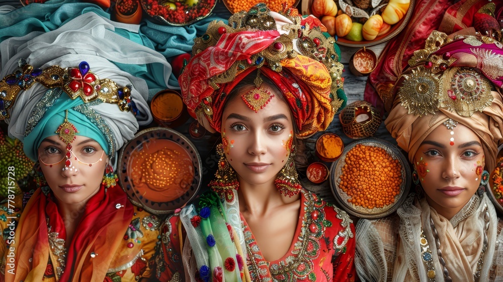 Three women wearing colorful turbans and traditional clothing stand in front of a table full of food. The table is covered with various dishes, including bowls, apples, and oranges