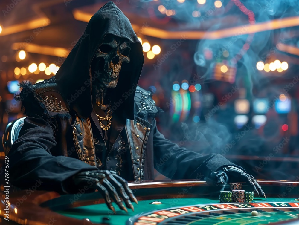 A mysterious grim reaper with a poker face, quietly amassing a fortune at the roulette wheel in a dimly lit casino