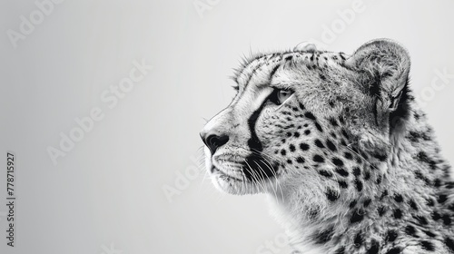 A cheetah is staring at the camera with its mouth open. The image is black and white and has a very simple, yet powerful, feel to it. The cheetah's gaze is intense and focused