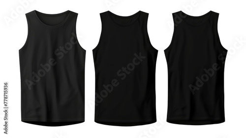Set of black front, back and side view sleeveless tee t shirt tank singlet round neck on transparent background. Mockup template for artwork