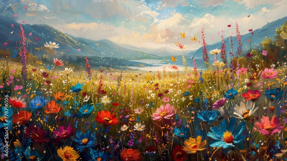 A painting of a field of flowers with a blue sky in the background. The painting is full of bright colors and has a peaceful, serene mood