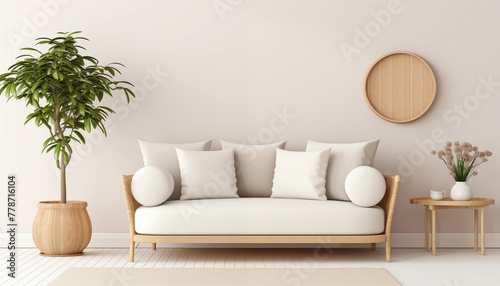 Bright living room interior with white sofa potted plant round wooden decoration and small table with vase of flowers