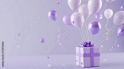 3D rendering cartoon gift box with balloons flying out of it on a periwinkle background. A lavender and wisteria color palette is used. Minimal concept design. Happy birthday party banner template © Oleksandr