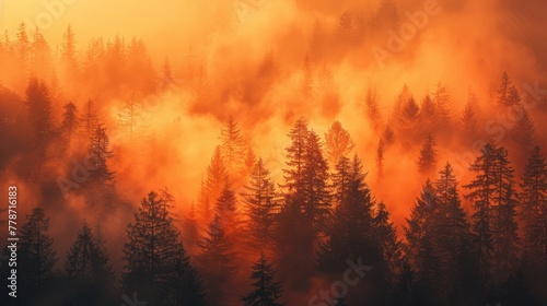 The forest is covered in fog and the trees are orange