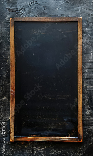 Weathered grunge wall with an empty wooden-framed blackboard.