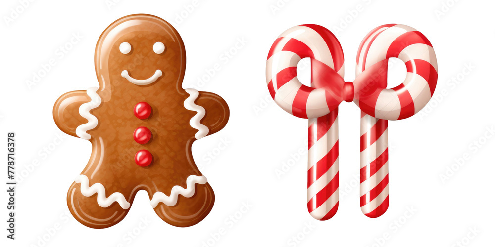Set of Candy cane and Gingerbread man cookie biscuit on transparent background