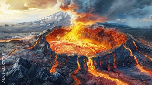 A volcano erupts with lava spewing out of the top. The lava is orange and red, and the sky is cloudy. The scene is intense and dramatic, with the volcano towering over the landscape