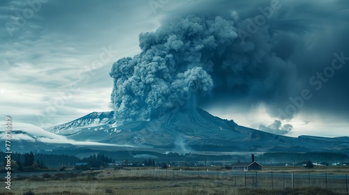 A large volcano erupts with a blue and white cloud of smoke. The sky is cloudy and the landscape is mostly empty