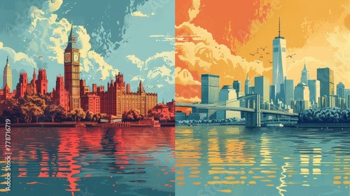 Two paintings of cities, one of which is New York. The other is London. The paintings are in different colors and styles #778716719