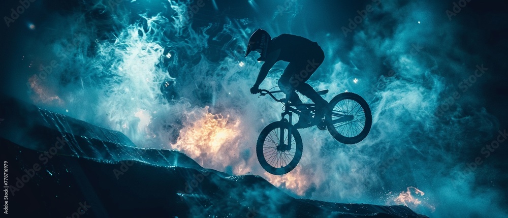 BMX rider executing a trick silhouette against dramatic lighting - obrazy, fototapety, plakaty 