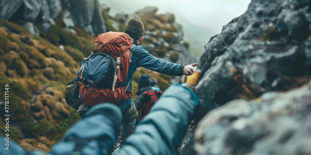 A group of climbers descends the mountain, helping each other. Hiking and climbing concept. A group of climbers descends the mountain, helping each other. Hiking and climbing concept.