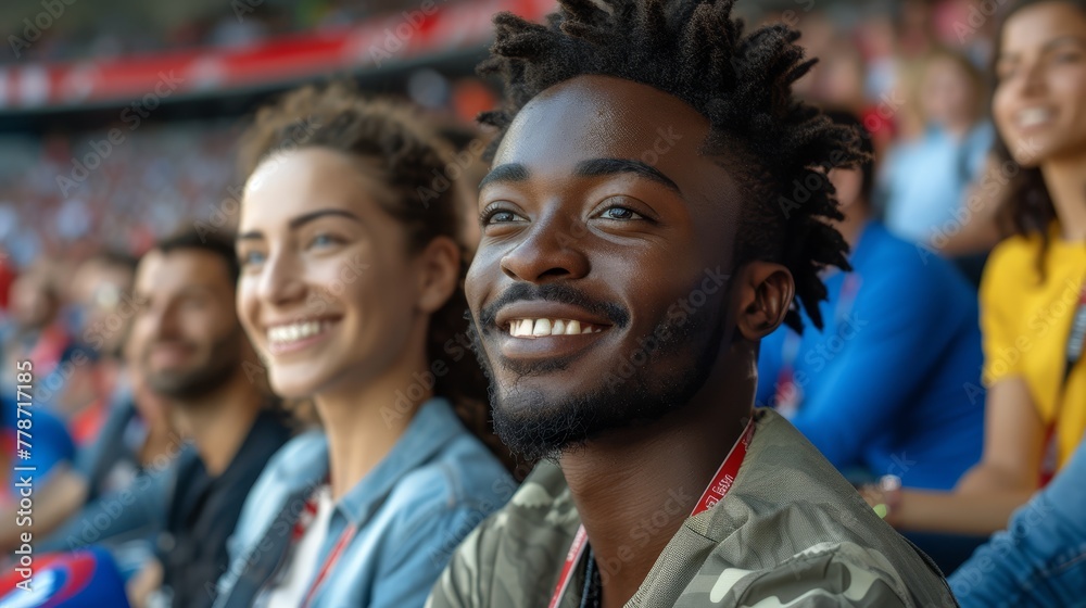 a group of people sitting next to each other in front of a crowd of people at a soccer game with a man with dreadlocks on his face.