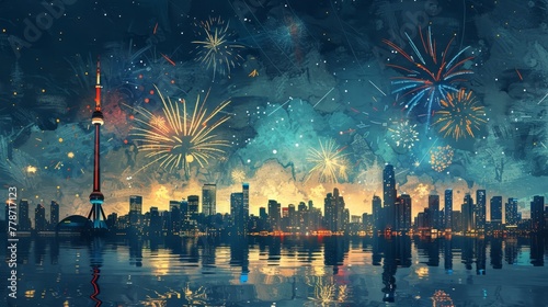A city skyline with a tall building in the middle and a large tower in the background. The sky is filled with fireworks, creating a festive and lively atmosphere