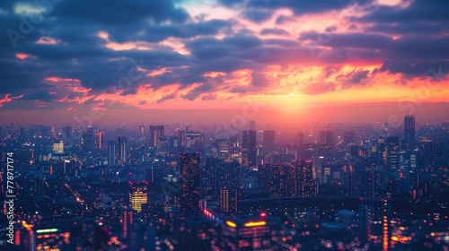 A city skyline at sunset with a bright orange sun in the sky. The city is lit up with lights and the sky is filled with clouds