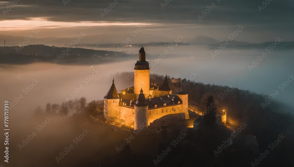 mysterious castle shrouded in fog at night seen from above