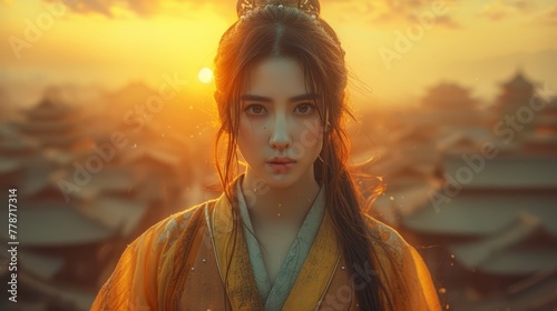a woman with a crown on her head standing in front of a sunset with the sun behind her and buildings in the background. © Mikus