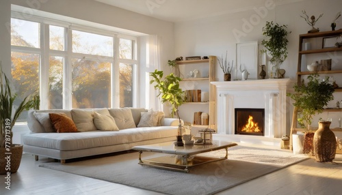 modern stylish white living room with large windows and scandinavian style sofa against the backdrop of a fireplace and shelving and potted plants nobody