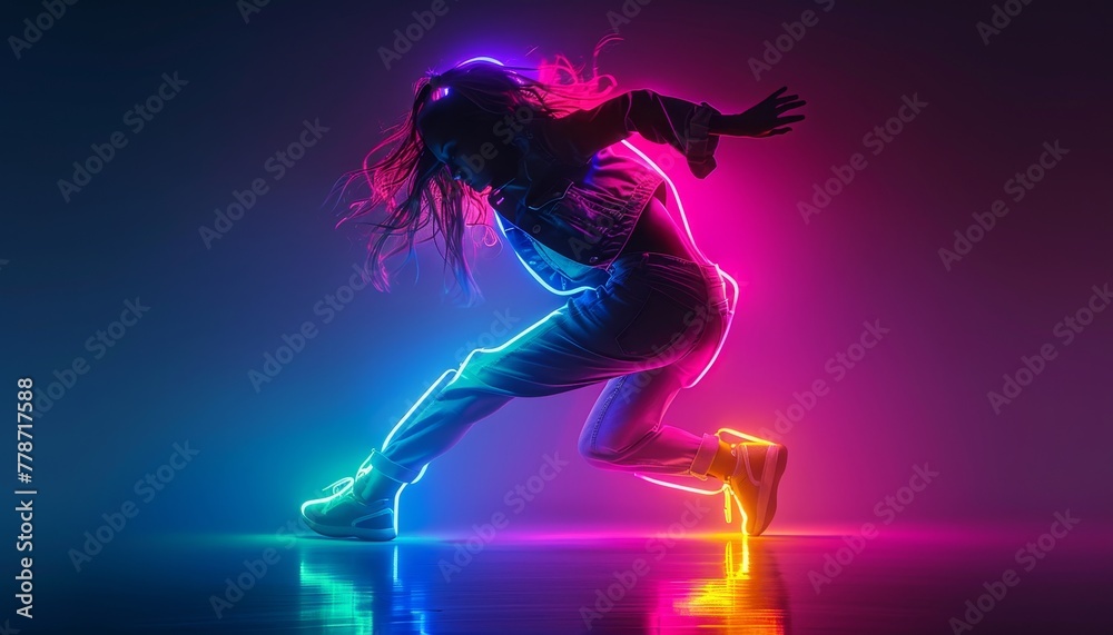 Create a dynamic and vibrant image featuring a beautiful woman dancing in mid-air against a dark.