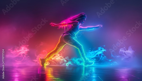 Create a dynamic and vibrant image featuring a beautiful woman dancing in mid-air against a dark.