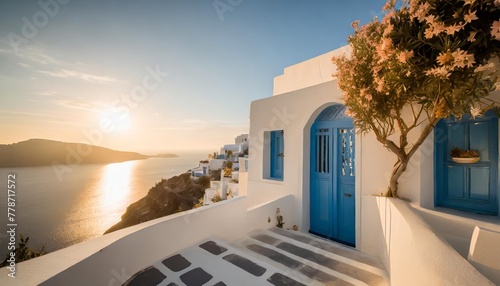 mediterranean style white elegant house exterior with sea view blue door and blooming plant climbing a wall modern greek architecture traditional villa of santorini generative ai human enhanced photo