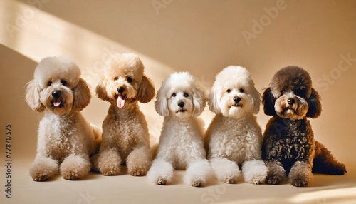 five different poodles on a beige background curly dogs in photo studio maltese maltipoo © Lucia