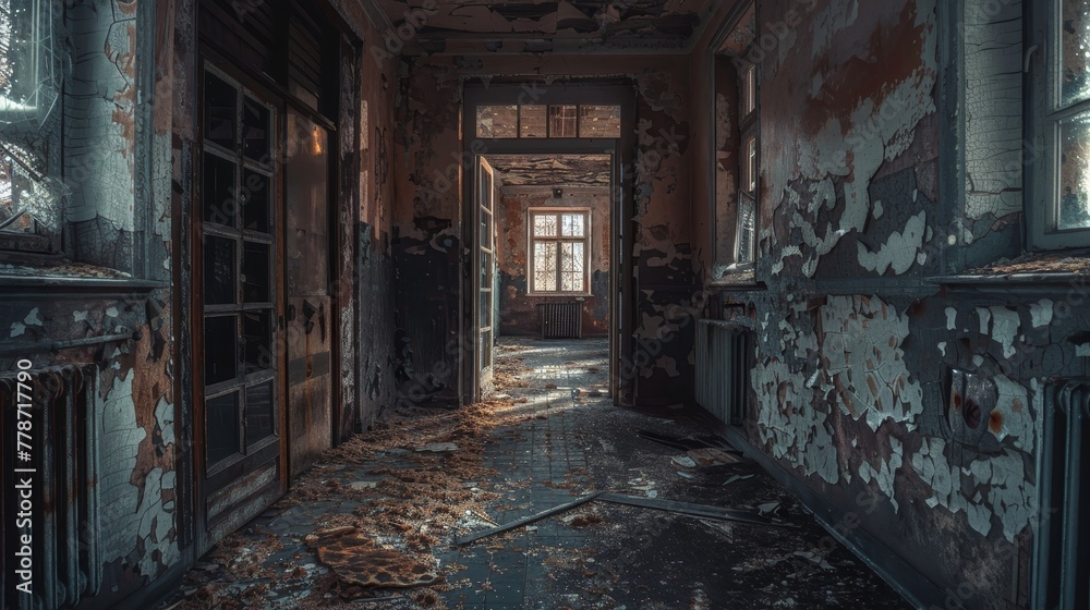 A dark, empty hallway with a door in the middle. The hallway is full of debris and has a very eerie atmosphere